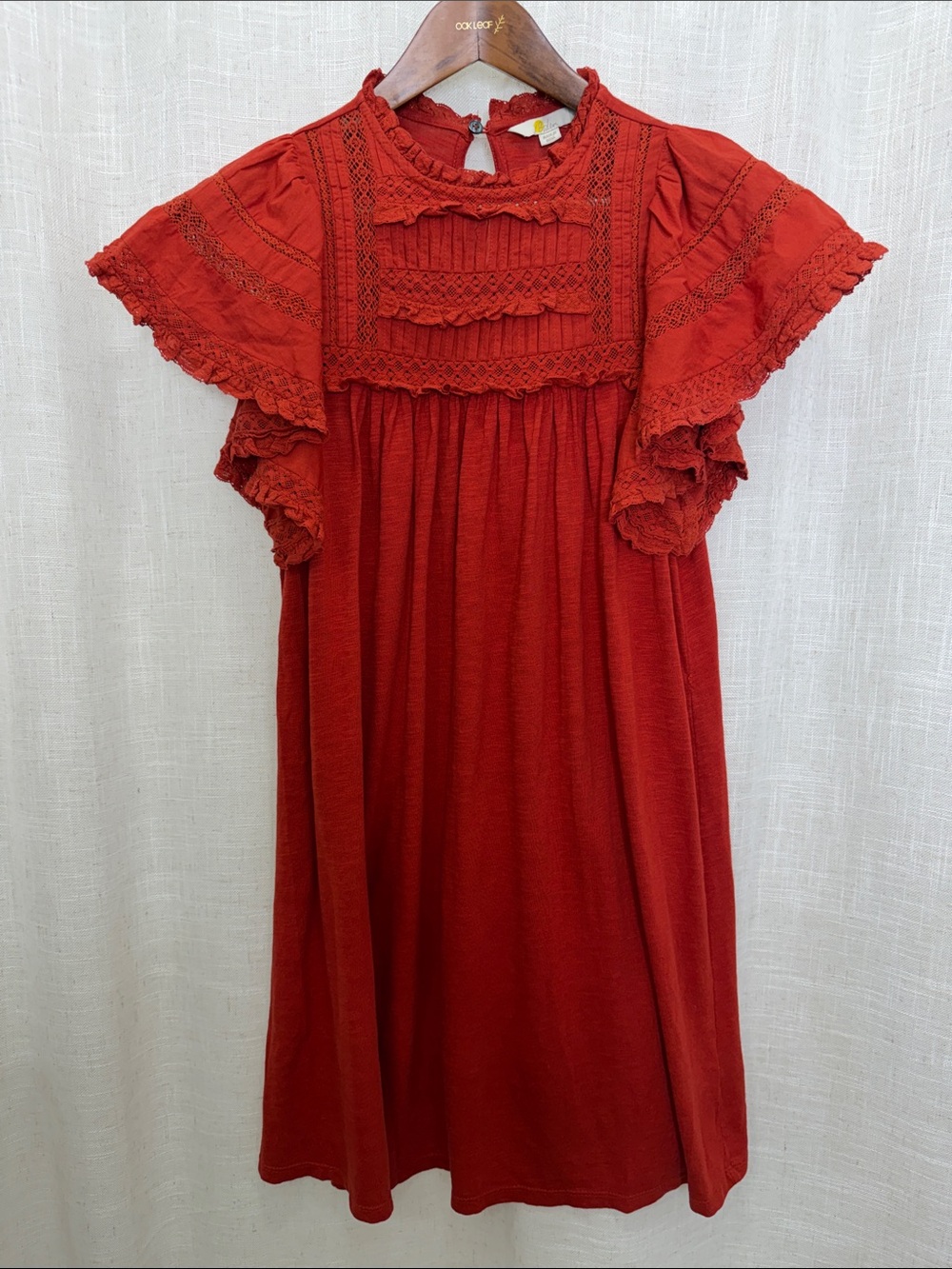 Boden Rust Lace-Trim Dress W/Flutter Sleeves Dress Size 4 Excellent Condition